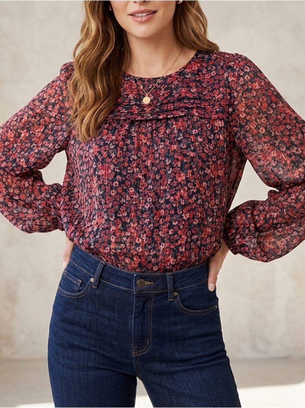 Loft Floral Long Sleeve Blouse | Red & Black Pleated Chiffon Sheer Top❤️